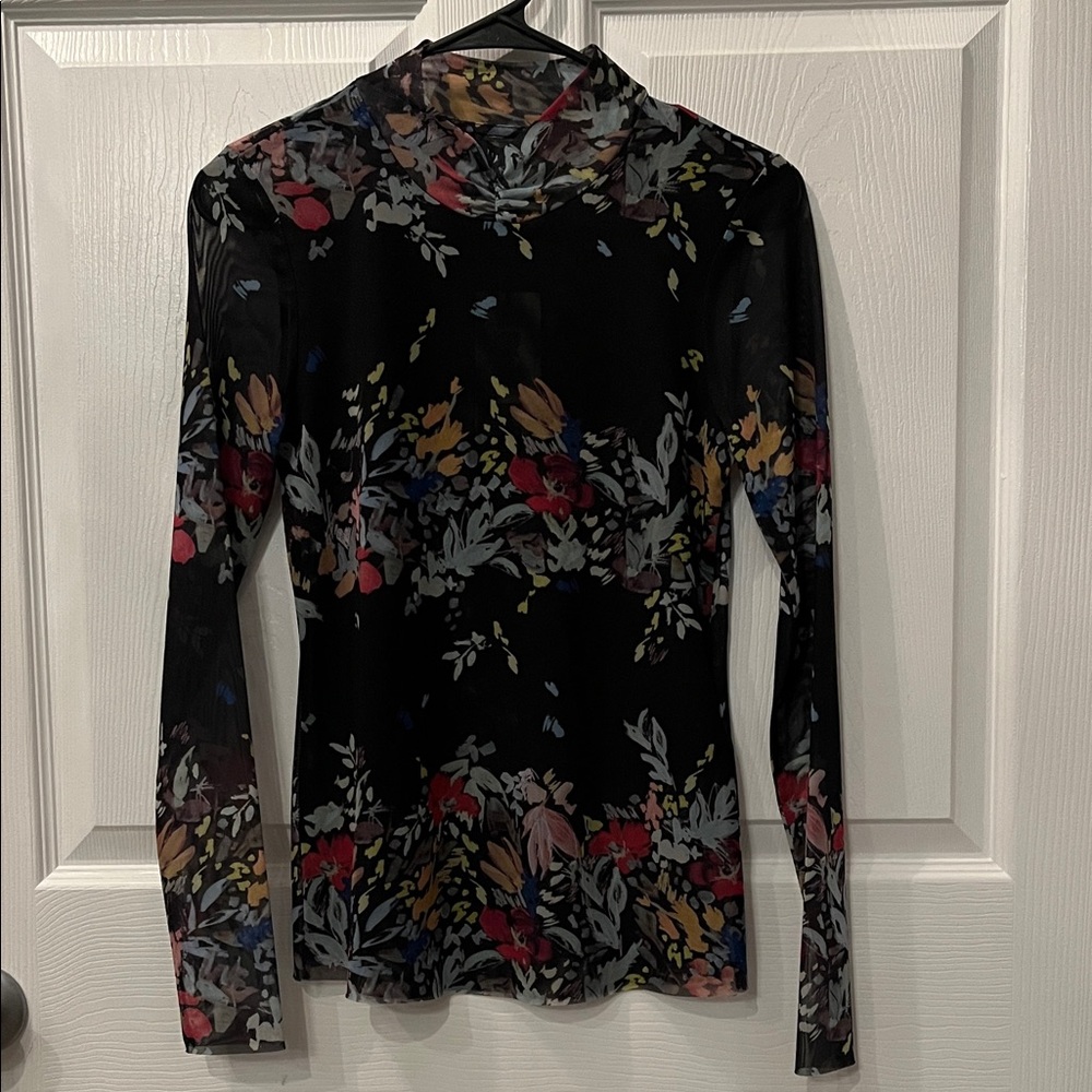 Ted Baker London Floral Mesh Print Long-Sleeve Mock Neck Top - Black/Multi